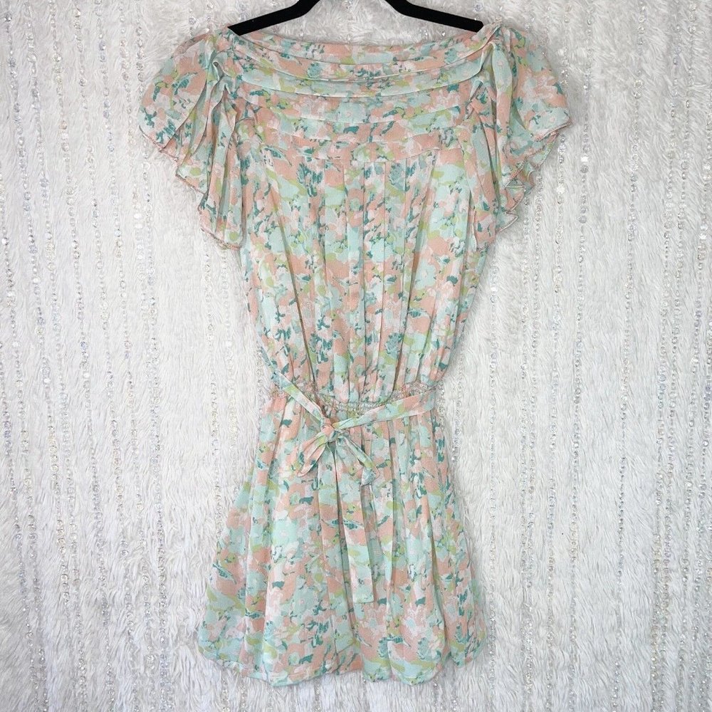Studio M Fluttery Ruffle Dress Womens SMALL Green Floral Tie Belt Waist Lined